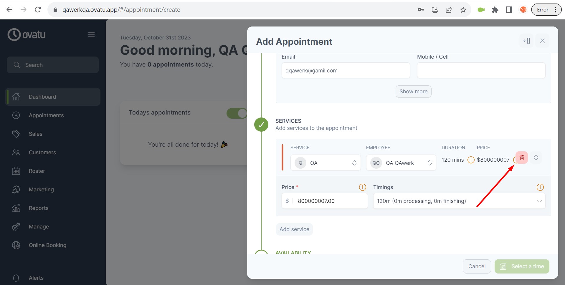 Le bouton Info se déplace lorsqu’on saisit plus de 7 caractères dans les détails de service