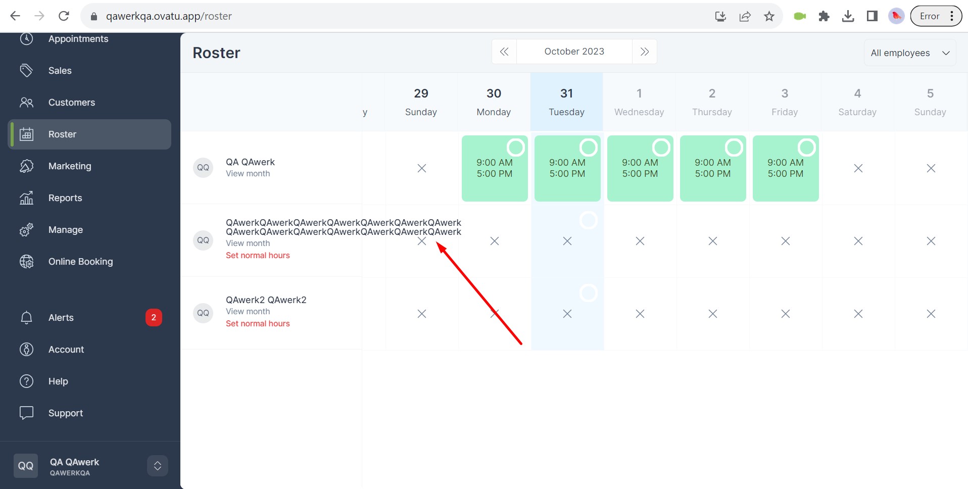 Le nom d’utilisateur trop long chevauche le calendrier sur la page « Roster »