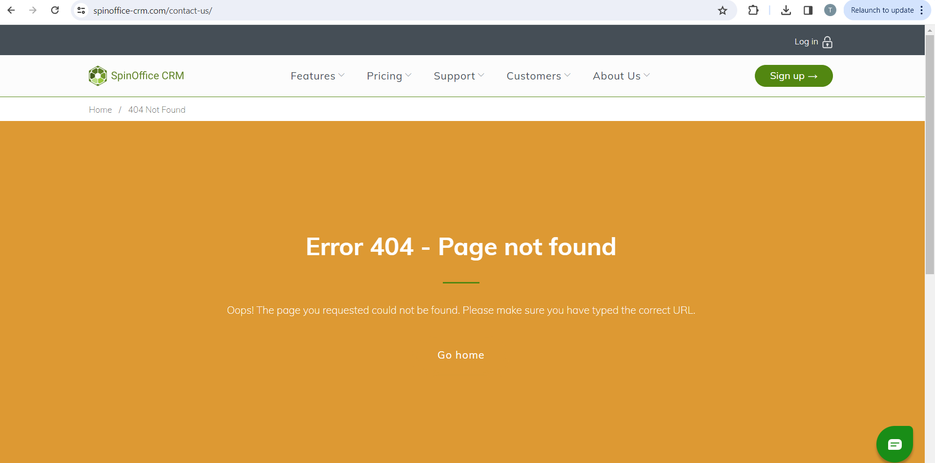 Une « erreur 404 » s’affiche après le clic sur le lien « Contact »