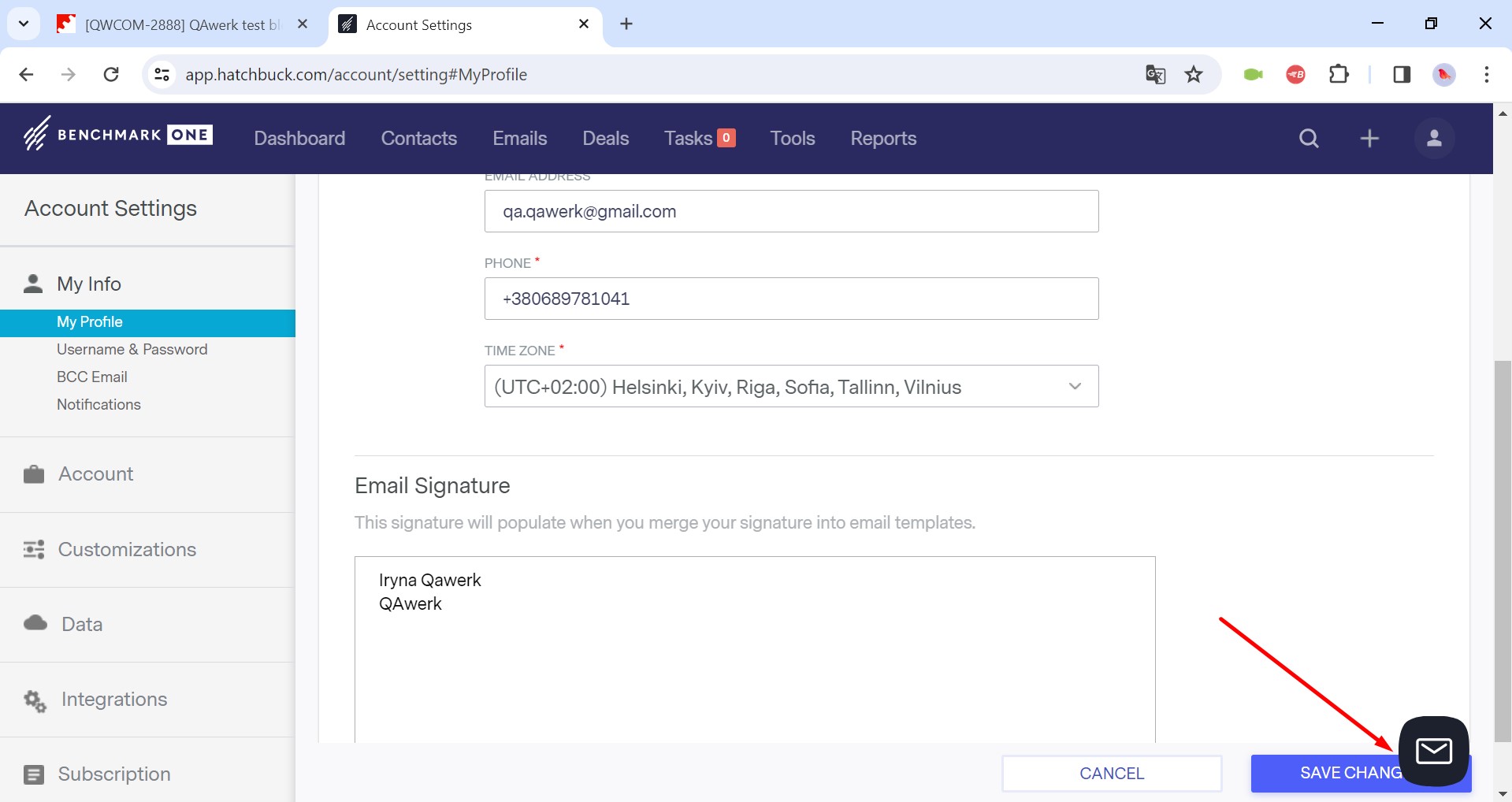 Le bouton « Mail » chevauche « ENREGISTRER LES MODIFICATIONS »