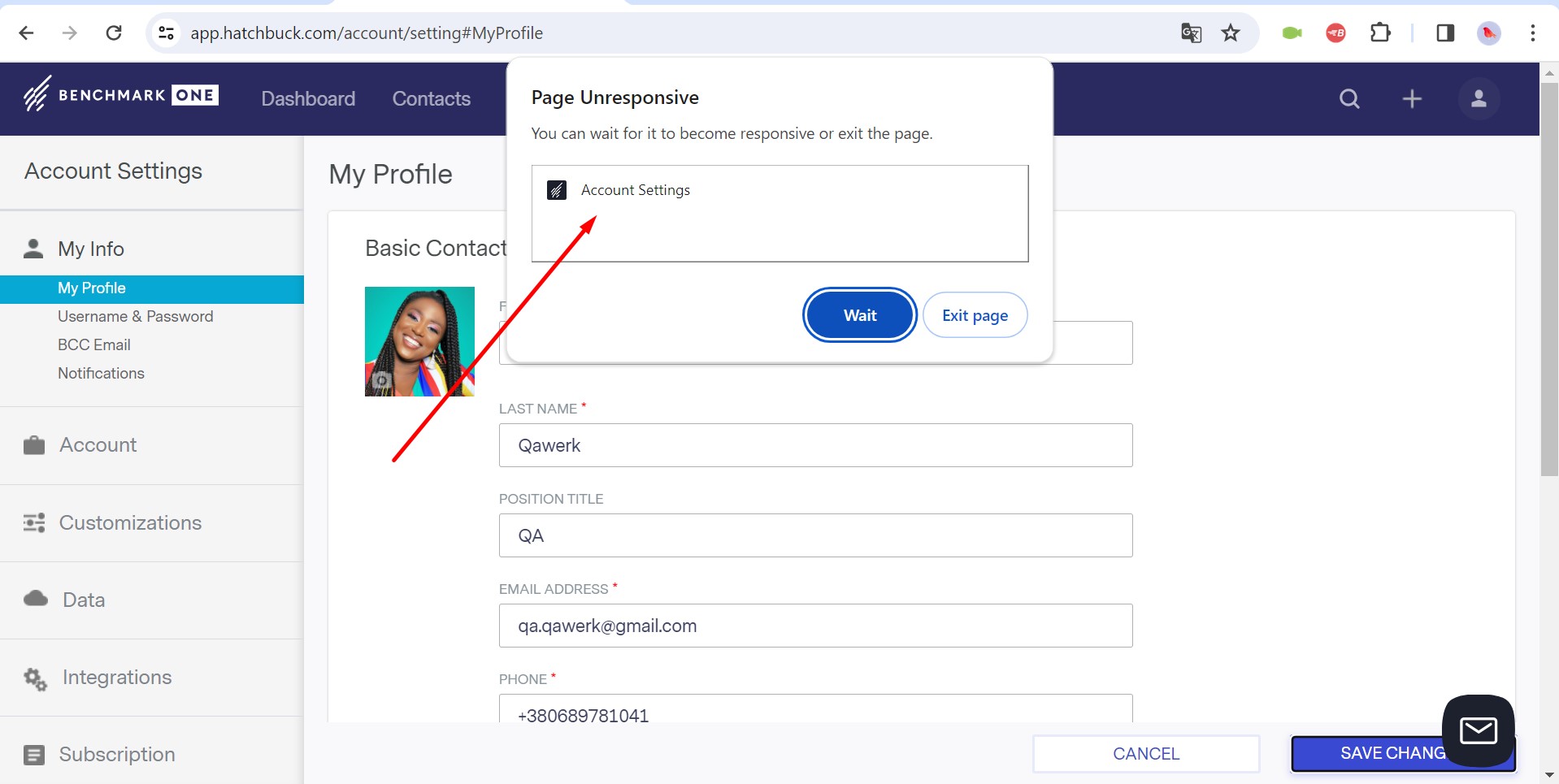Erreur de modification de la photo de profil