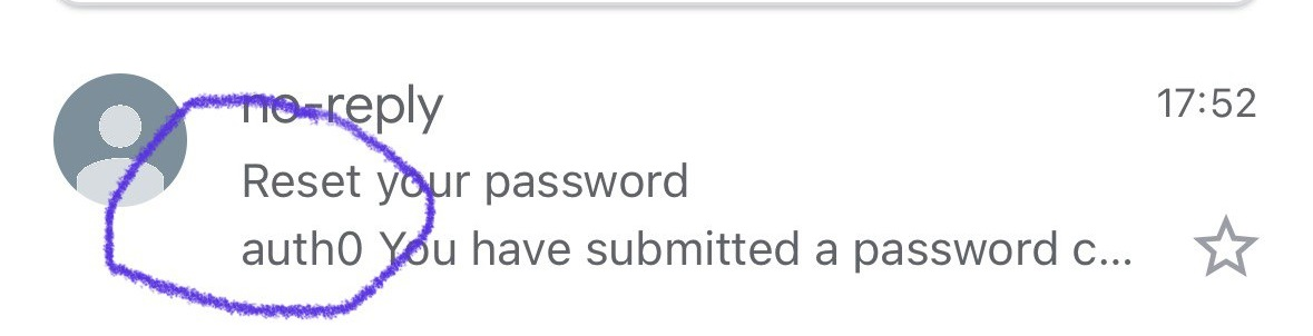 Le texte « Auth0 » apparaît dans l’e-mail « Réinitialiser votre mot de passe »