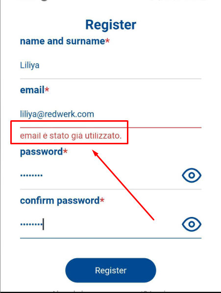 Message d’erreur affiché en italien lors de la réinscription avec le même e-mail