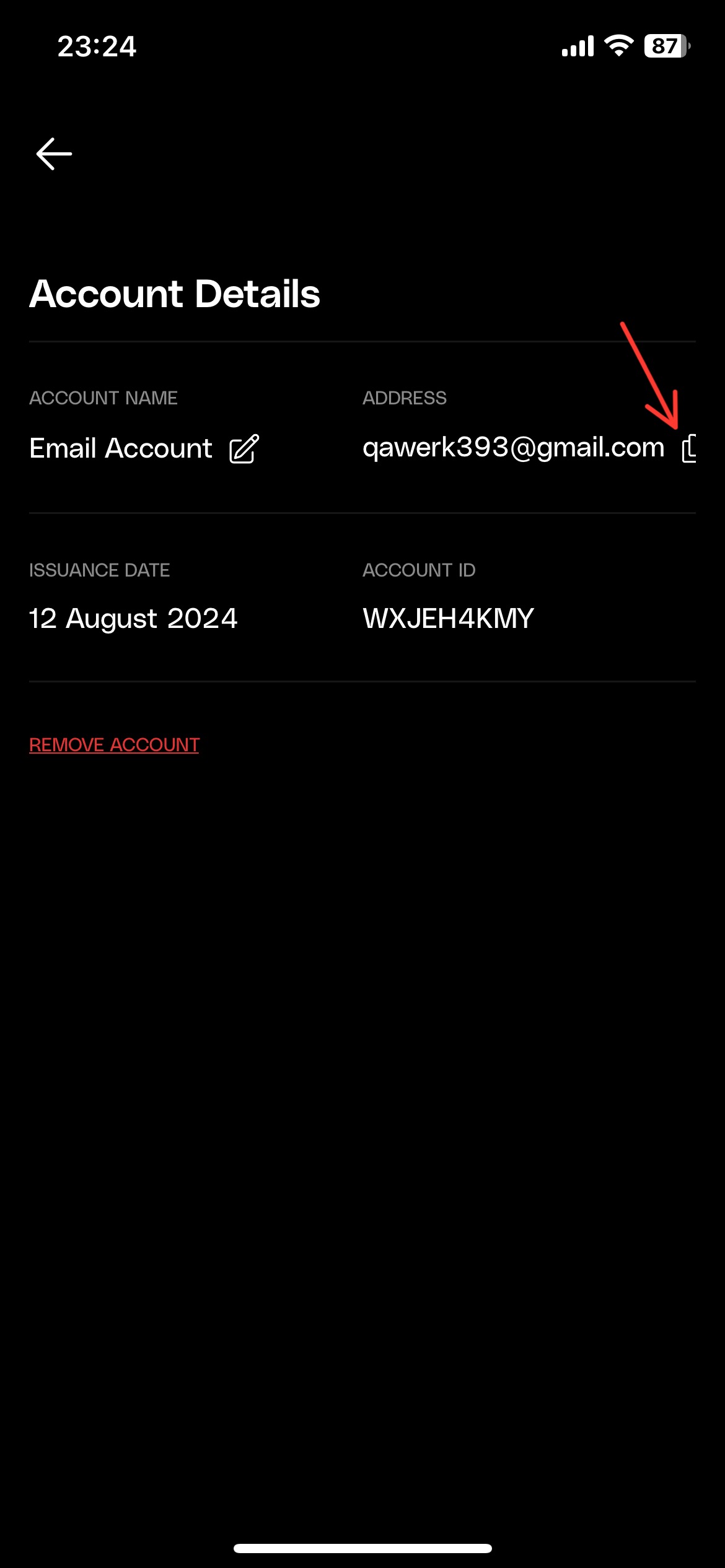Le bouton « Copy Address » est hors écran dans la page « Settings »