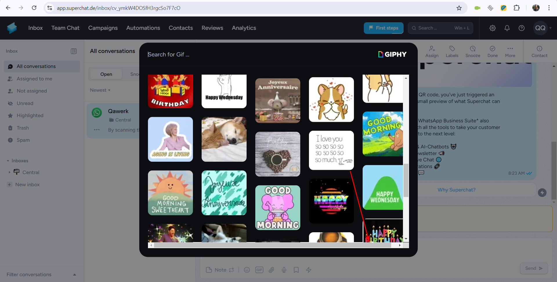 Le champ « Giphy » présente un défilement latéral supplémentaire