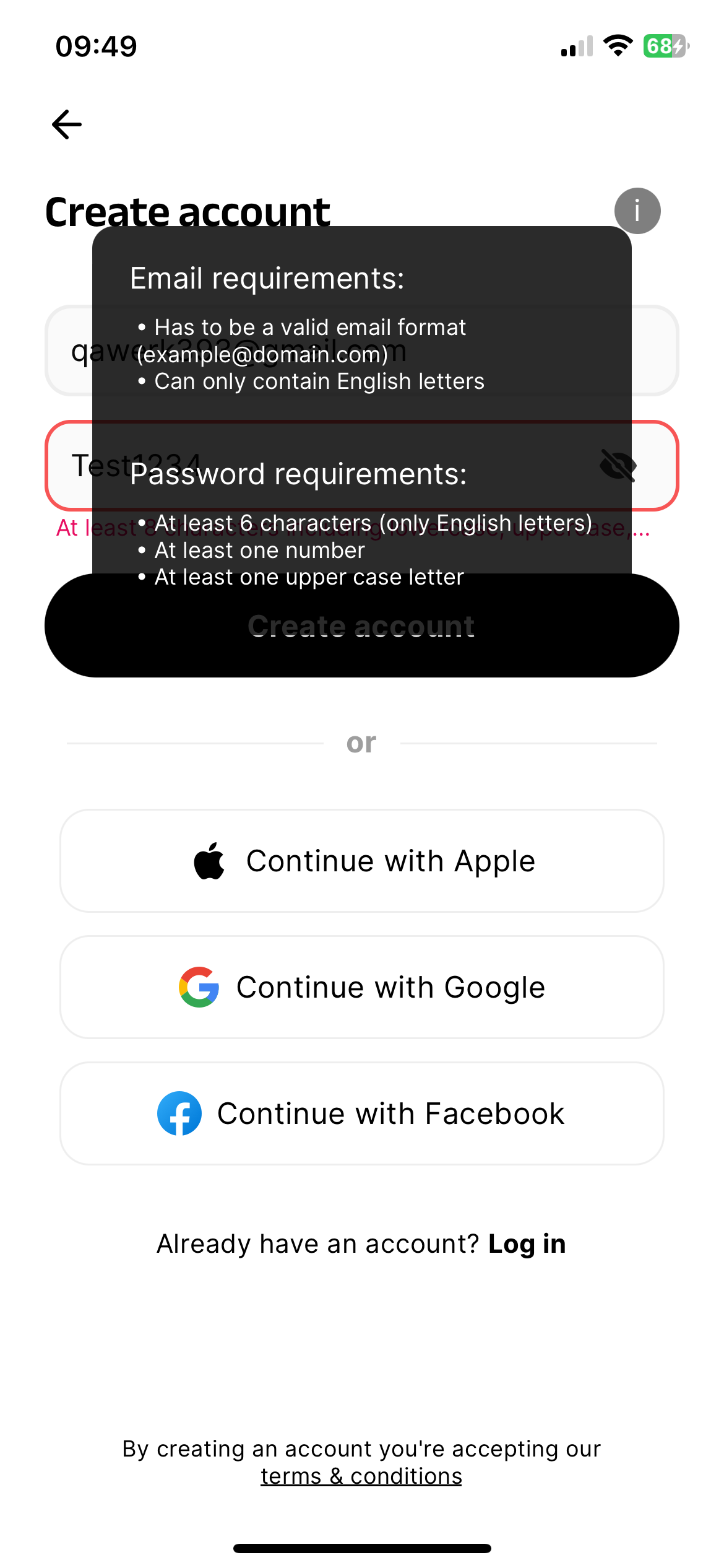 Les exigences de mot de passe ne correspondent pas à la fenêtre contextuelle « Infos » et au message « Erreur »