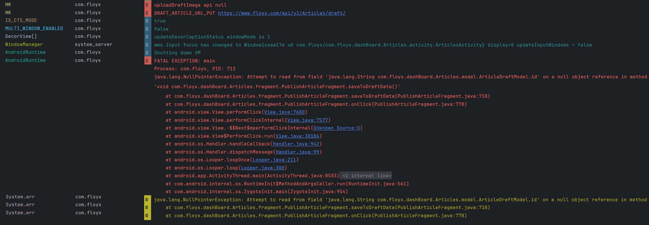 L'application plante lors de l'enregistrement d'un article dans les brouillons