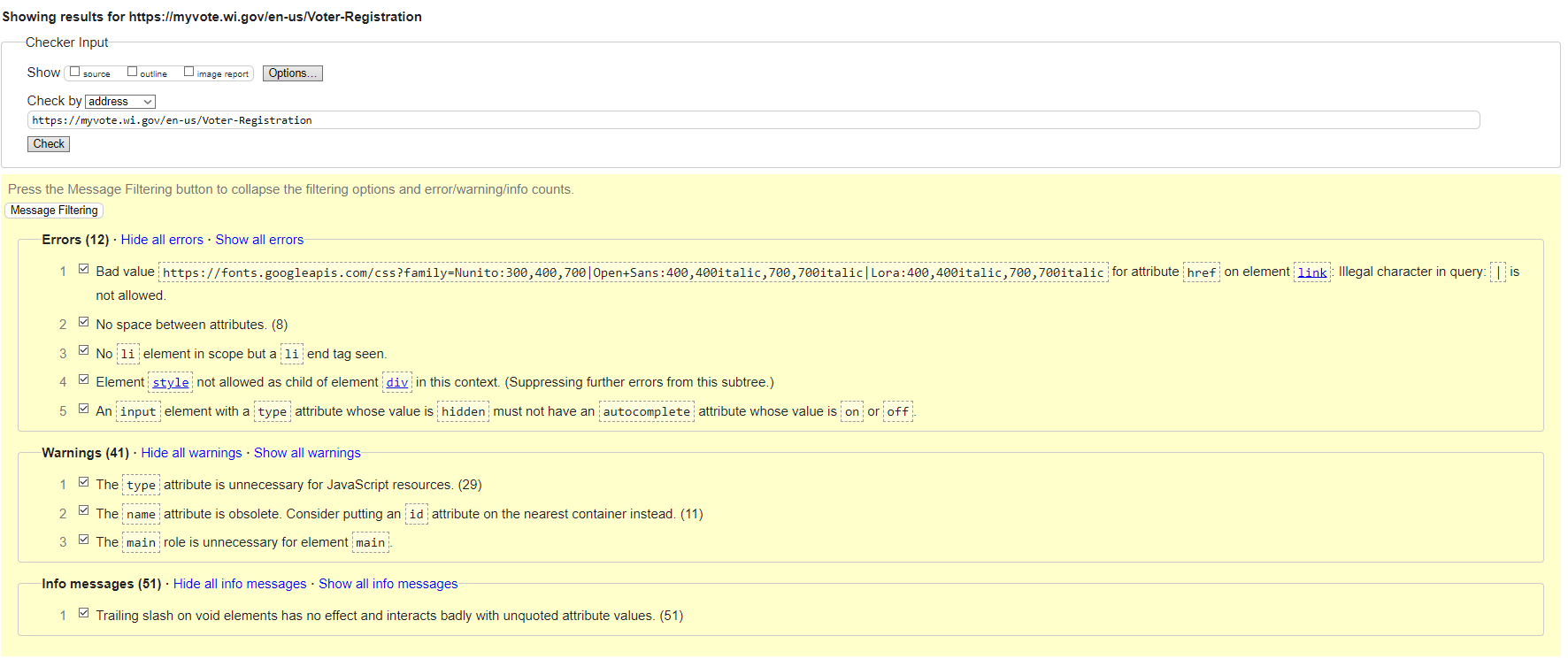 Des erreurs et avertissements de validation HTML sont détectés