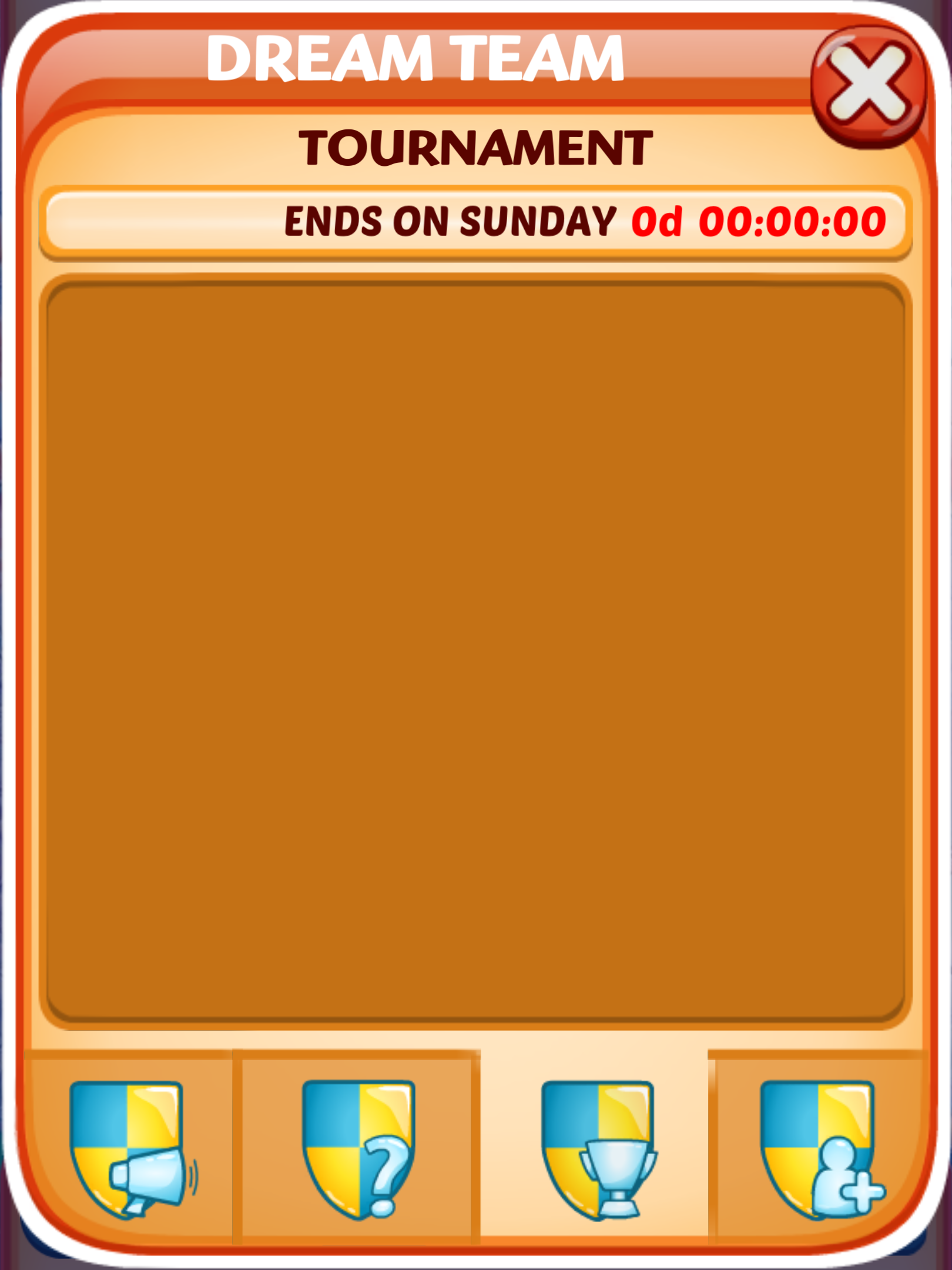 Section de tournoi vide avec heure de fin affichée à 00:00:00