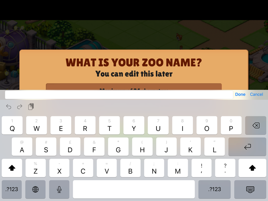 La zone de texte « Quel est le nom de votre zoo ? » est masquée par le clavier