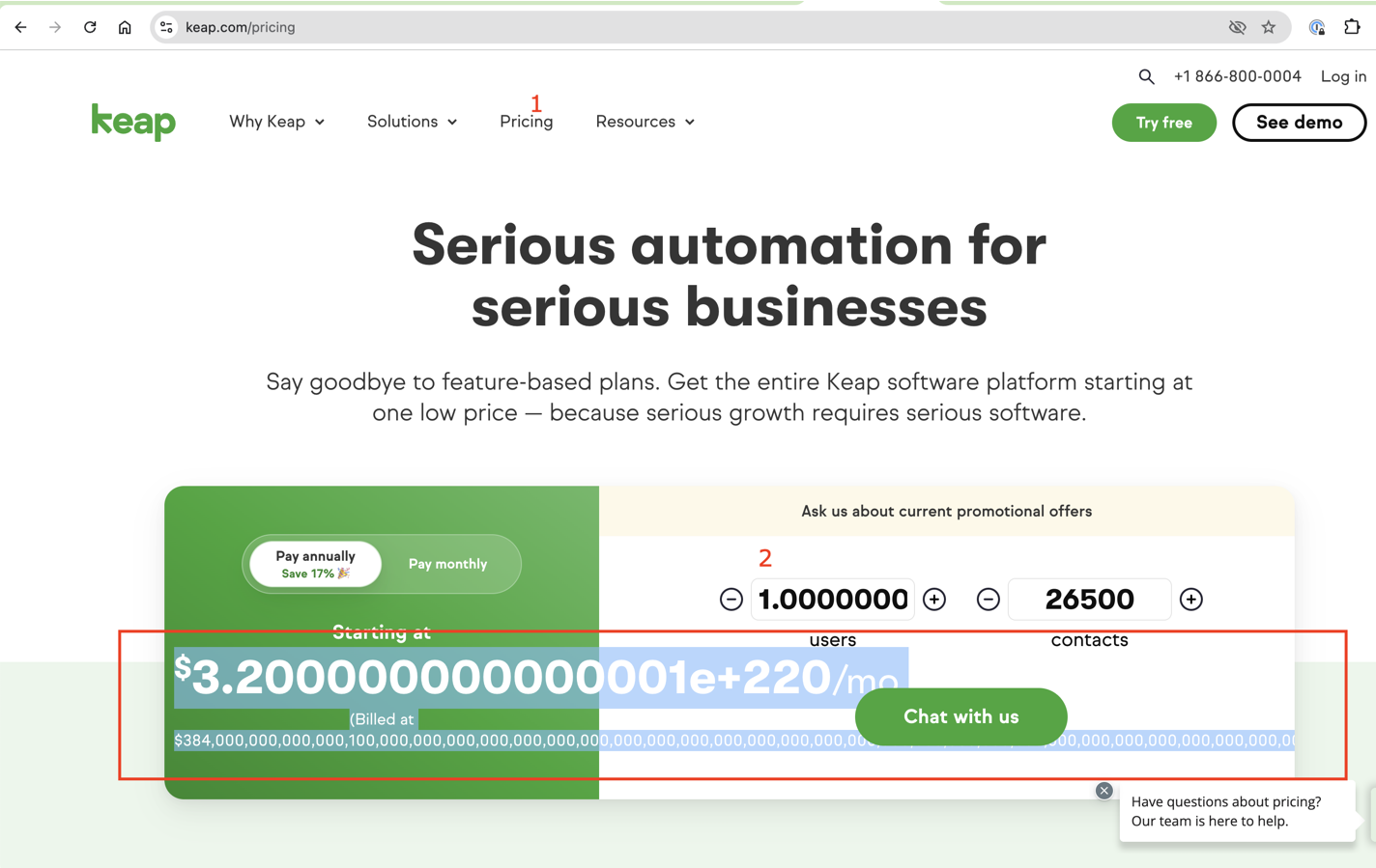 Dépassement de texte dans la boîte « Payer » sur la page de tarification Keap