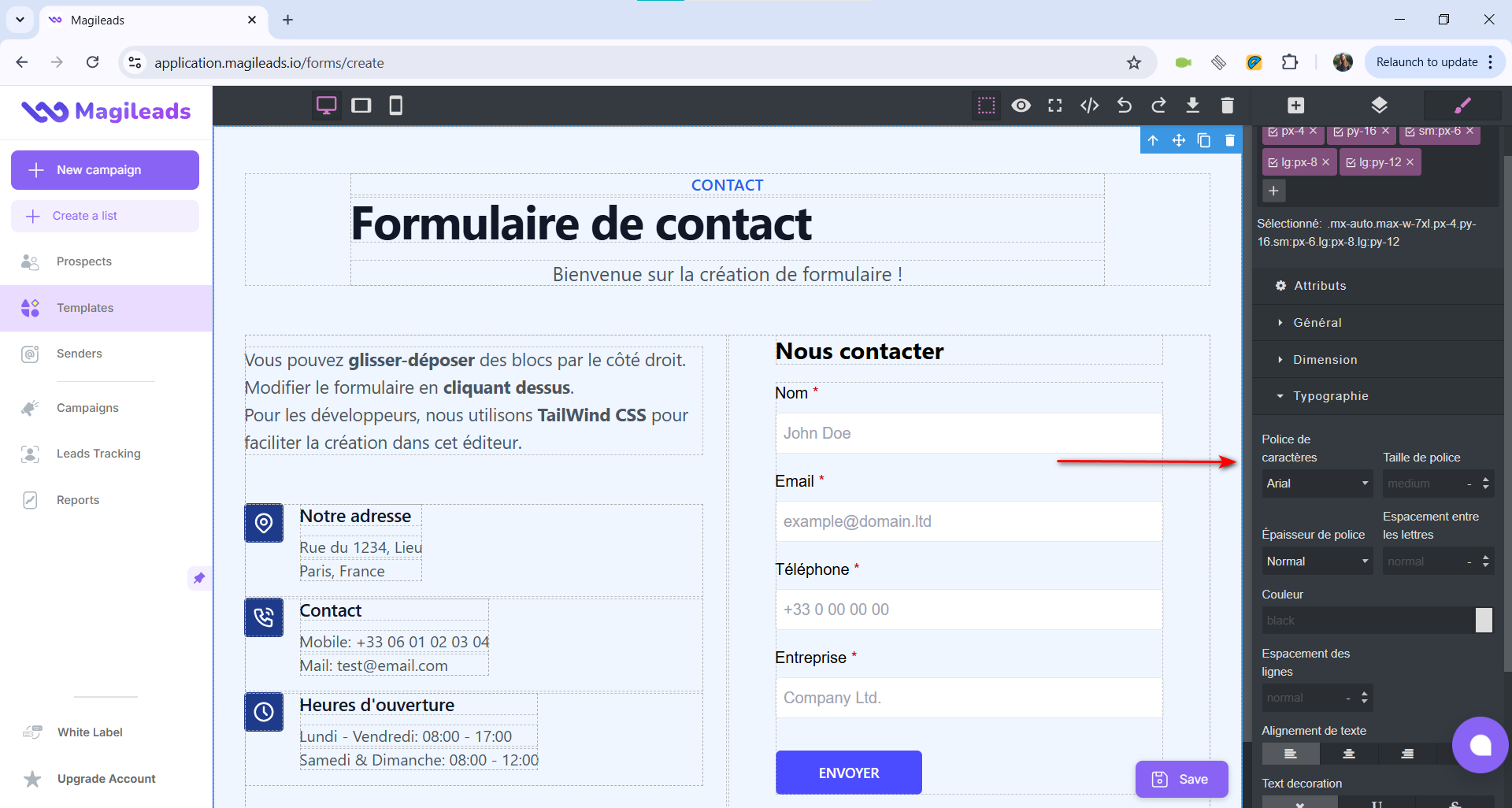 Bloc d'édition de formulaire en français