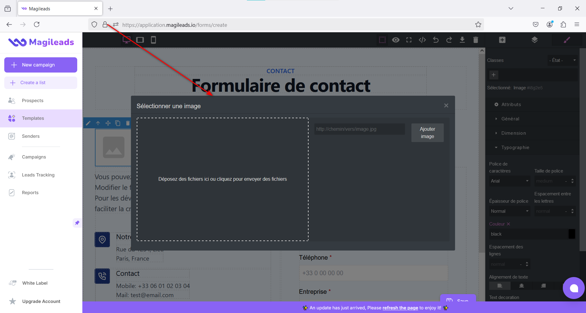 La fenêtre d'ajout d'image au formulaire est en français