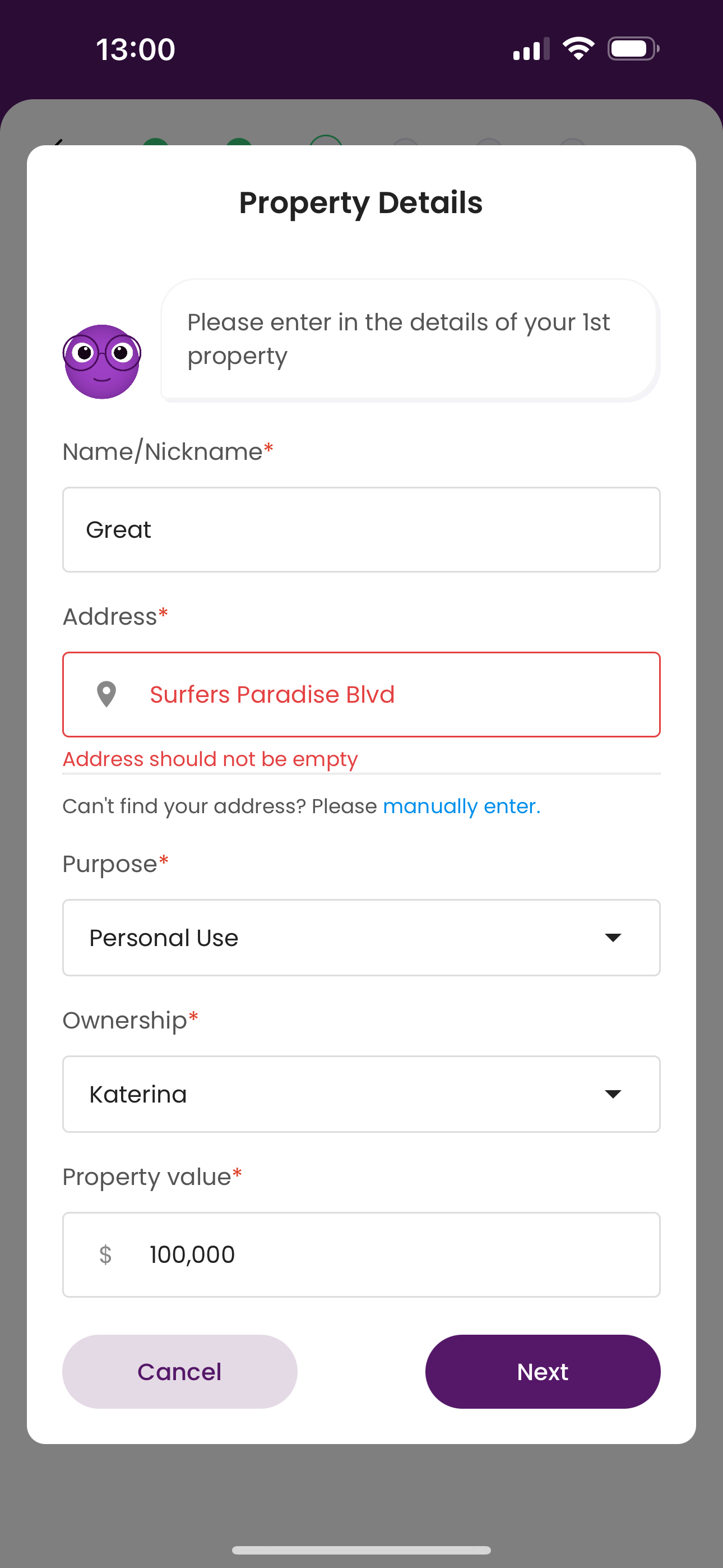 Sur la page « Détails de la propriété », le champ « Adresse* » affiche un texte de validation incorrect