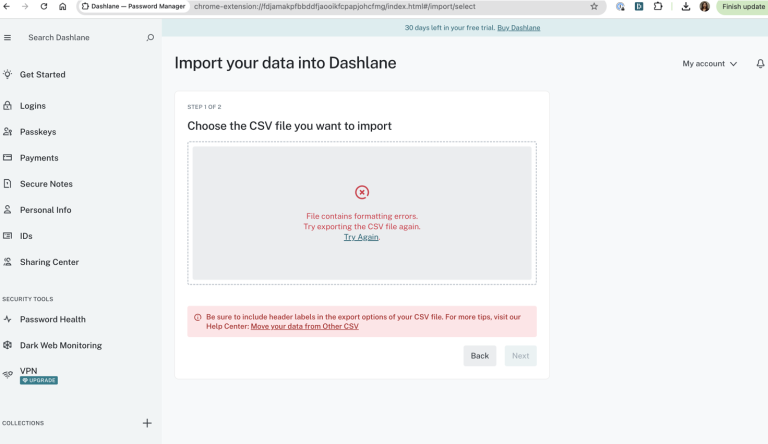 Aucun bug trouvé lors du test de la fonction d’importation avec des fichiers d’identification malformés