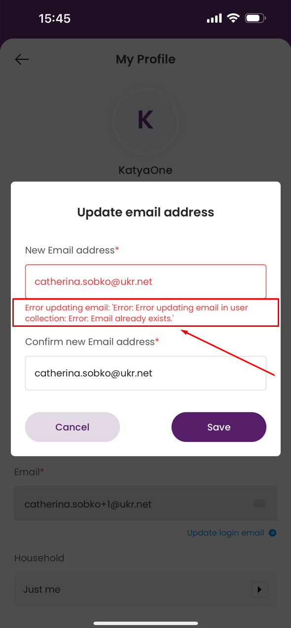 Le message d'erreur de validation doit être amélioré en mettant à jour l'e-mail vers celui existant