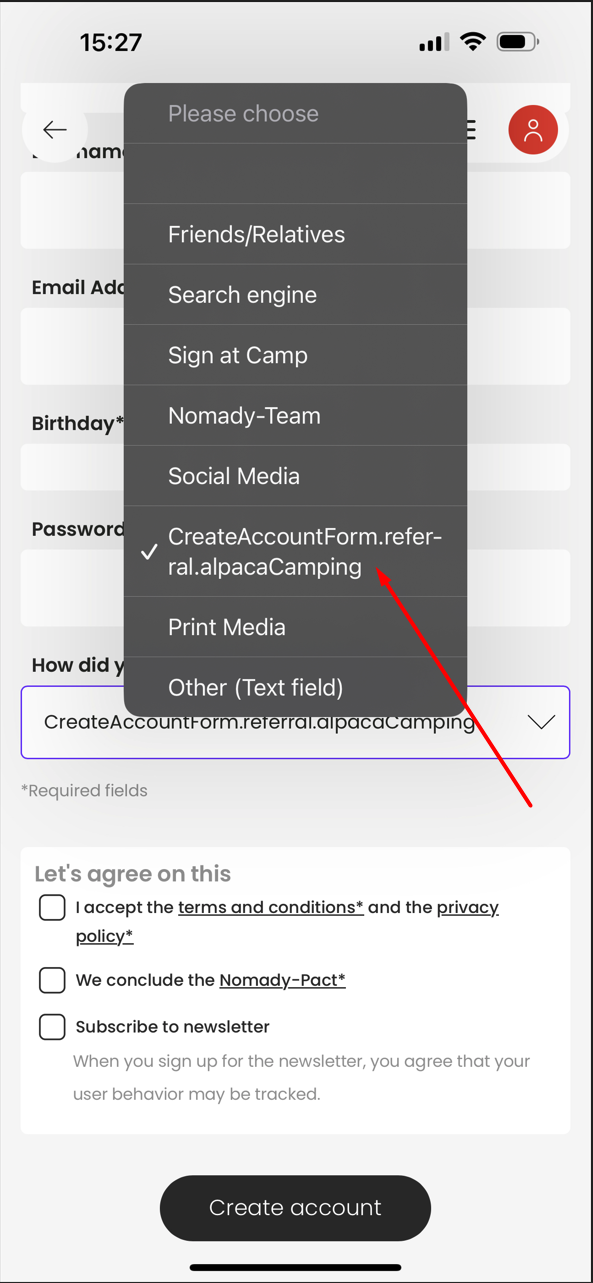 Créer un compte : le menu déroulant « Comment avez-vous entendu parler de Nomady ?* » contient une option qui devrait être renommée