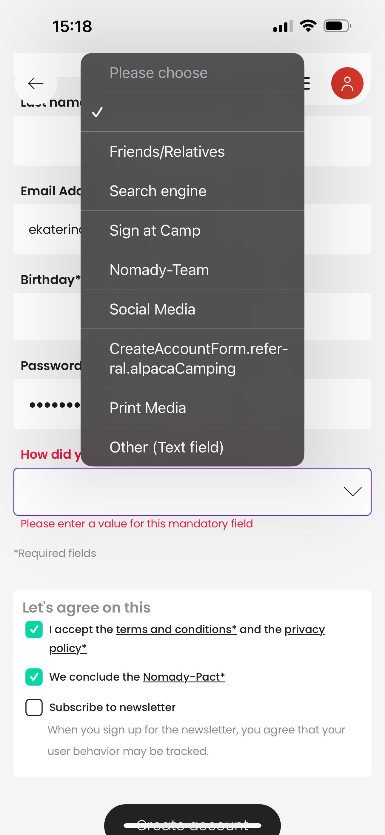 Créer un compte : le menu déroulant « Comment avez-vous entendu parler de Nomady ?* » contient une option considérée comme invalide