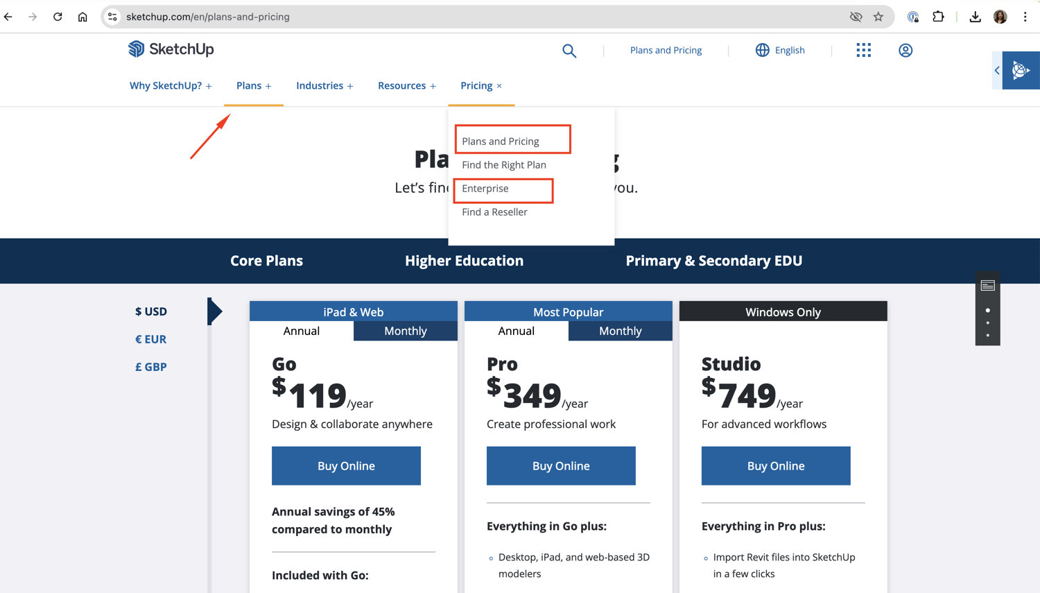 Mise en surbrillance incorrecte du menu lors de la sélection des options de tarification