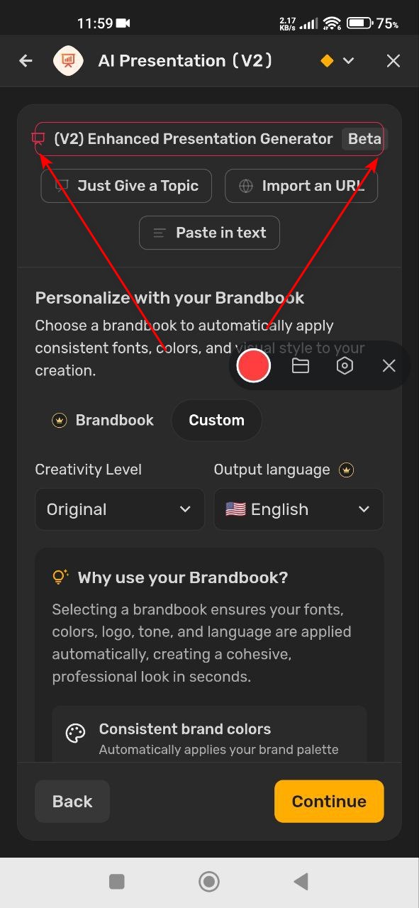 Dépassement visuel de l'icône de présentation et du badge Beta