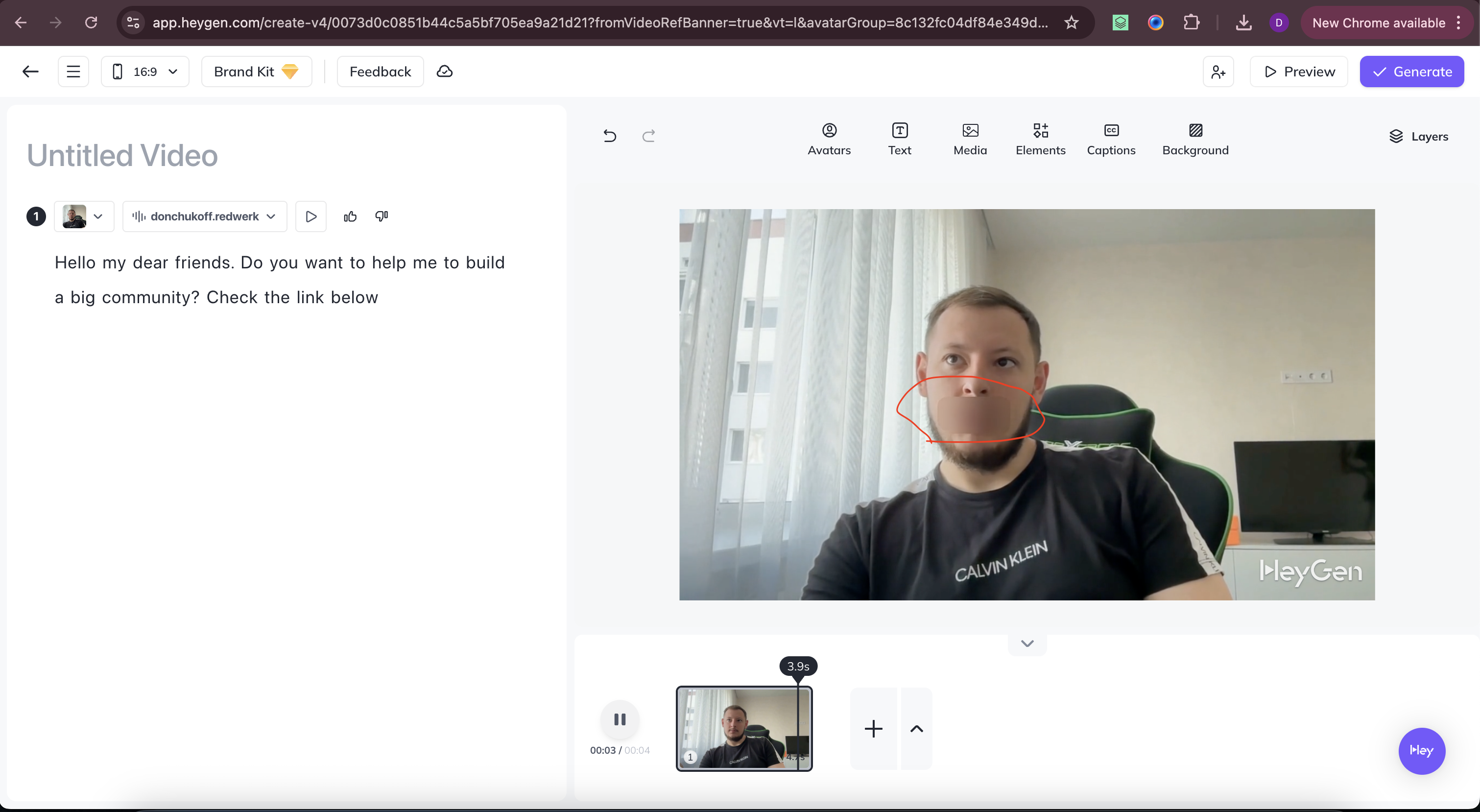 Une partie de l'avatar créé est recouverte par un rectangle flou lors de la création de la vidéo