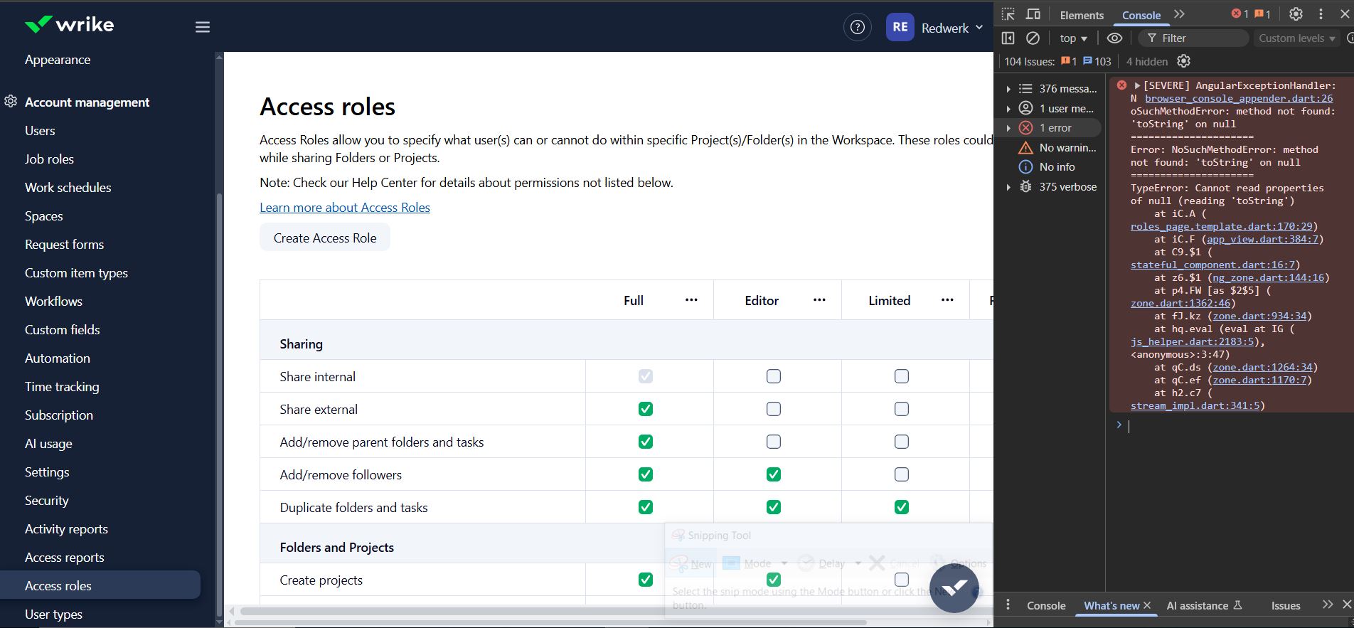 La page Rôles d'accès génère une exception Angular