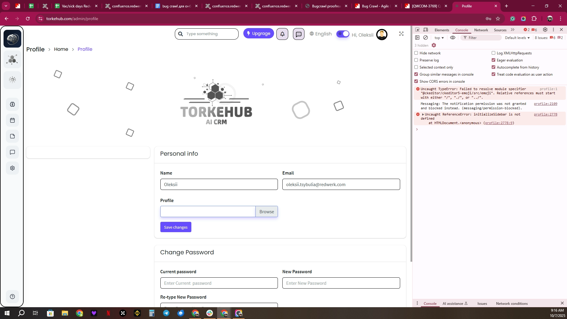 Erreur de console déclenchée sur la page des paramètres