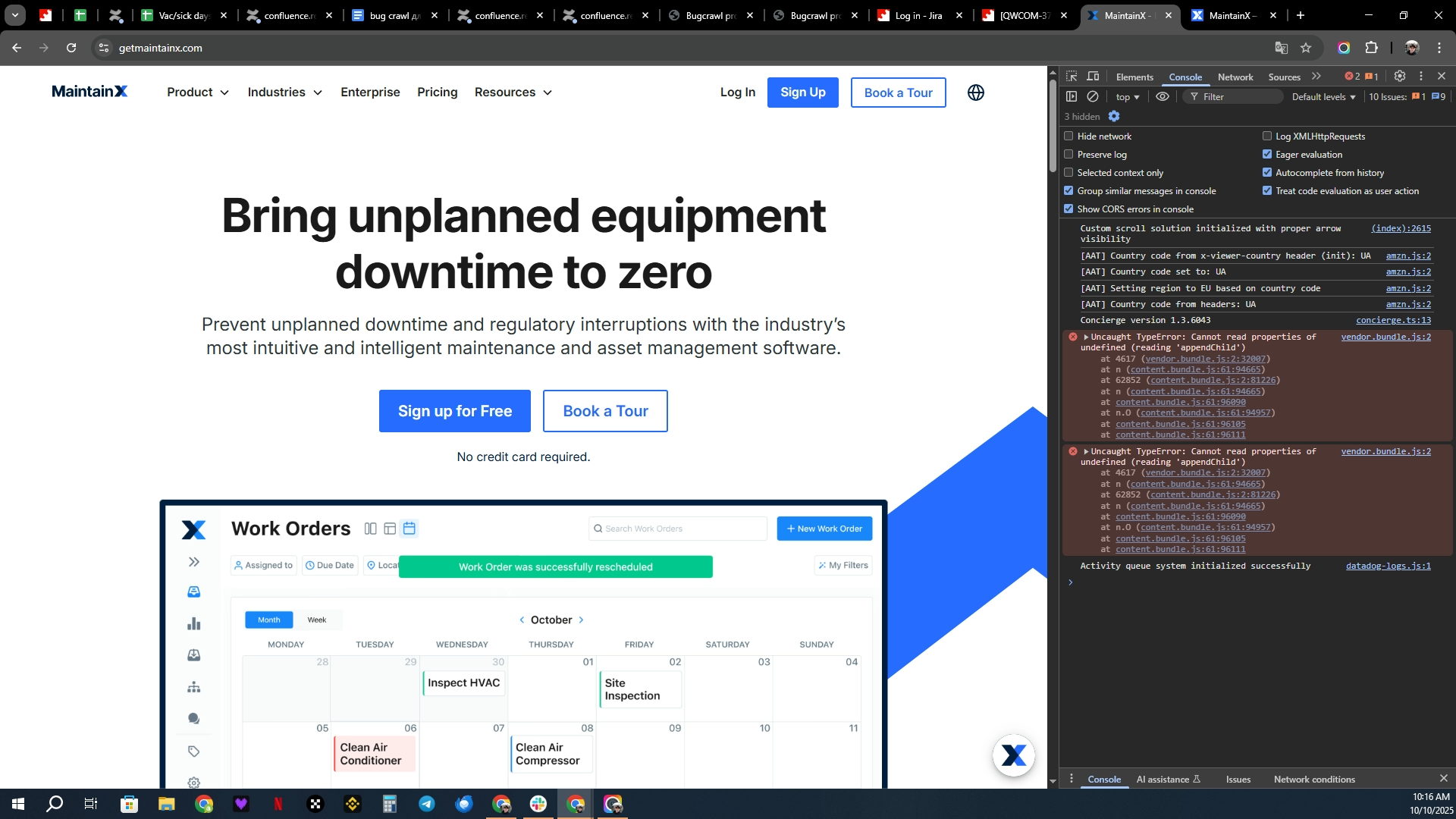 Erreur de console sur la page principale