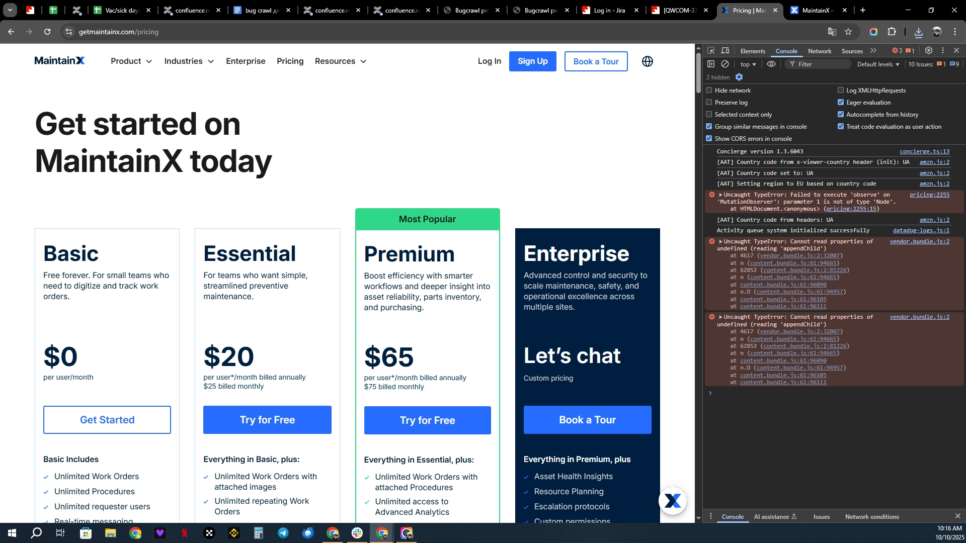 Erreur de console sur la page Tarification