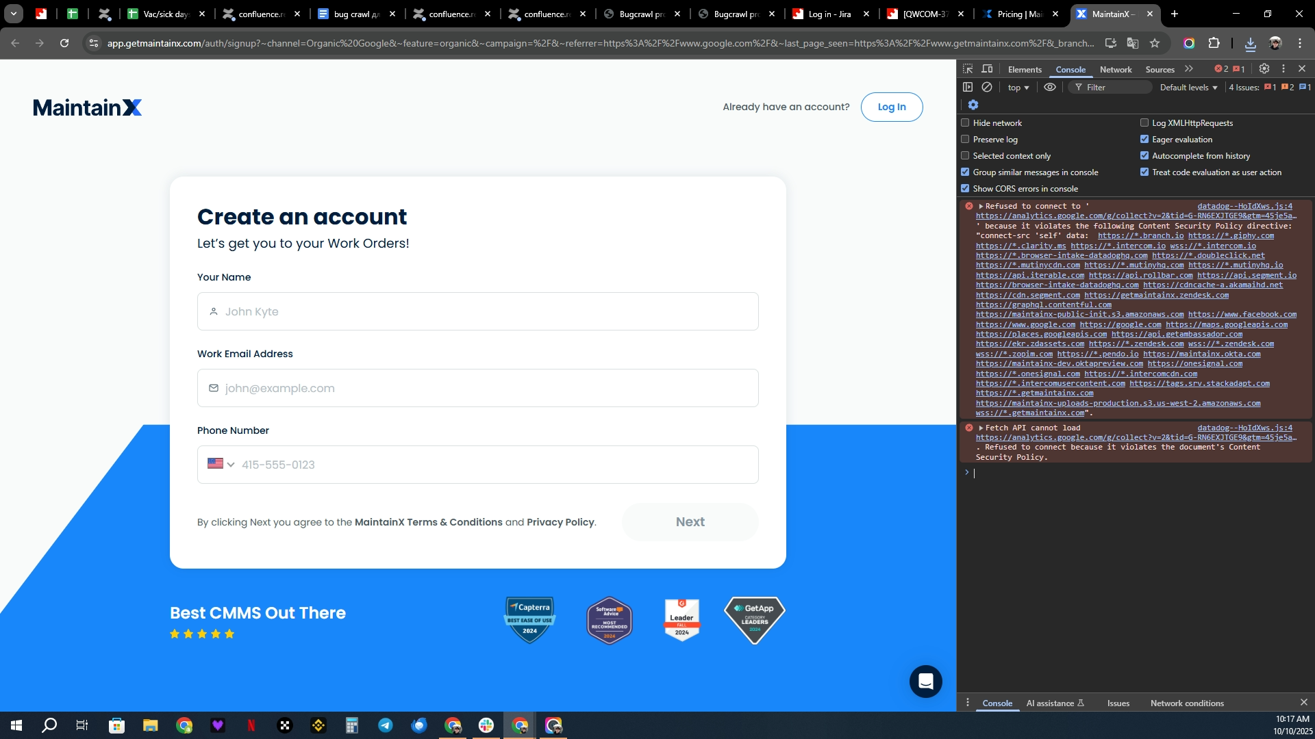 Erreur de console sur la page Inscription