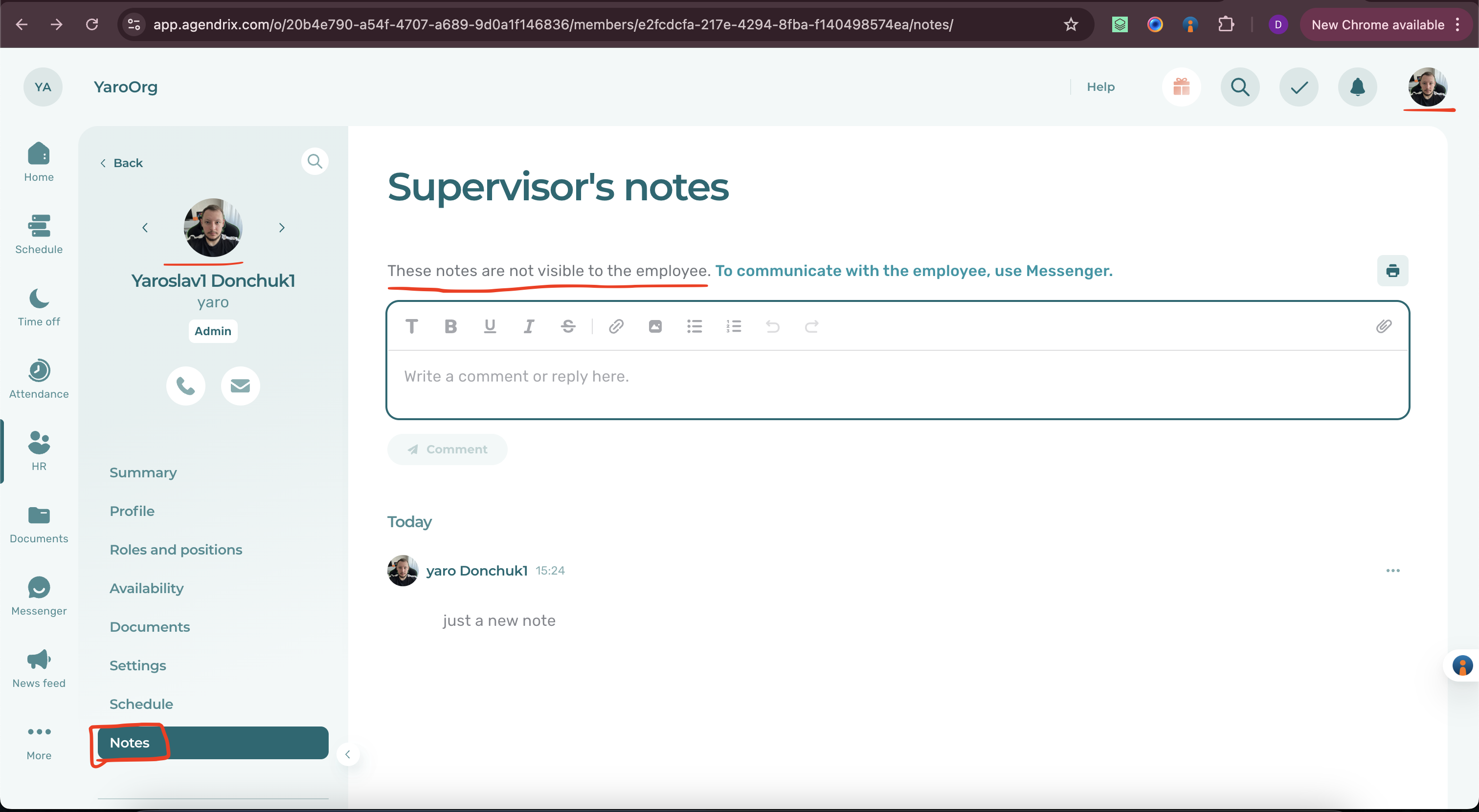 Les notes de l'employé sont visibles par l'employé avec le statut Admin