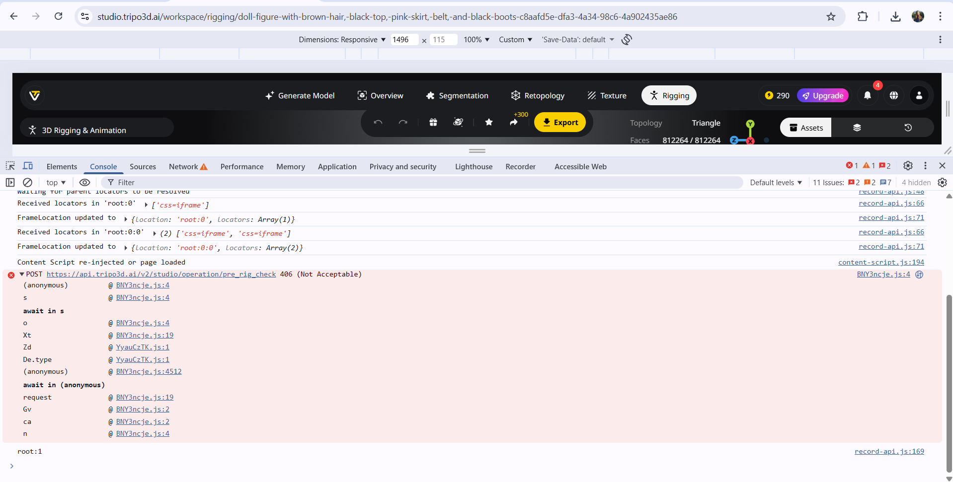 Échec de l'opération de rigging avec le message ‘406 Not Acceptable’