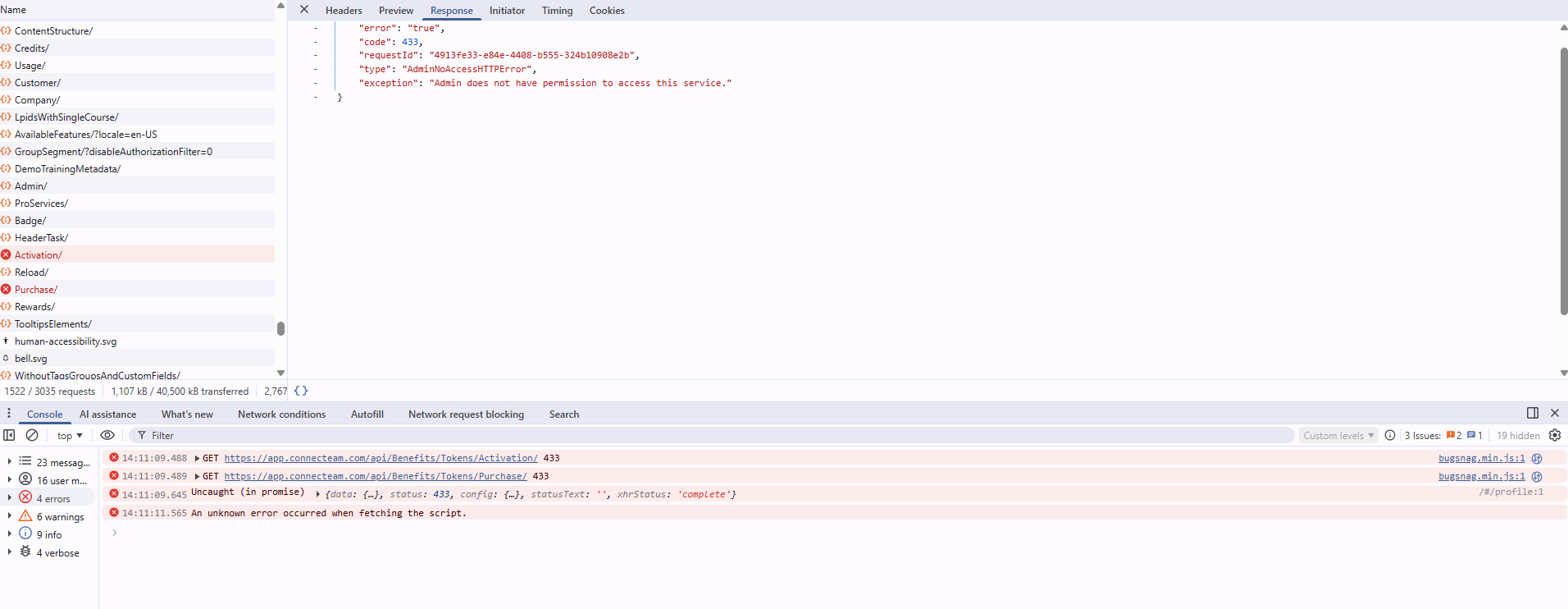 Rejet de promesse non géré sur le tableau de bord lorsque les services Avantages/Jetons renvoient « AdminNoAccessHTTPError » (433)