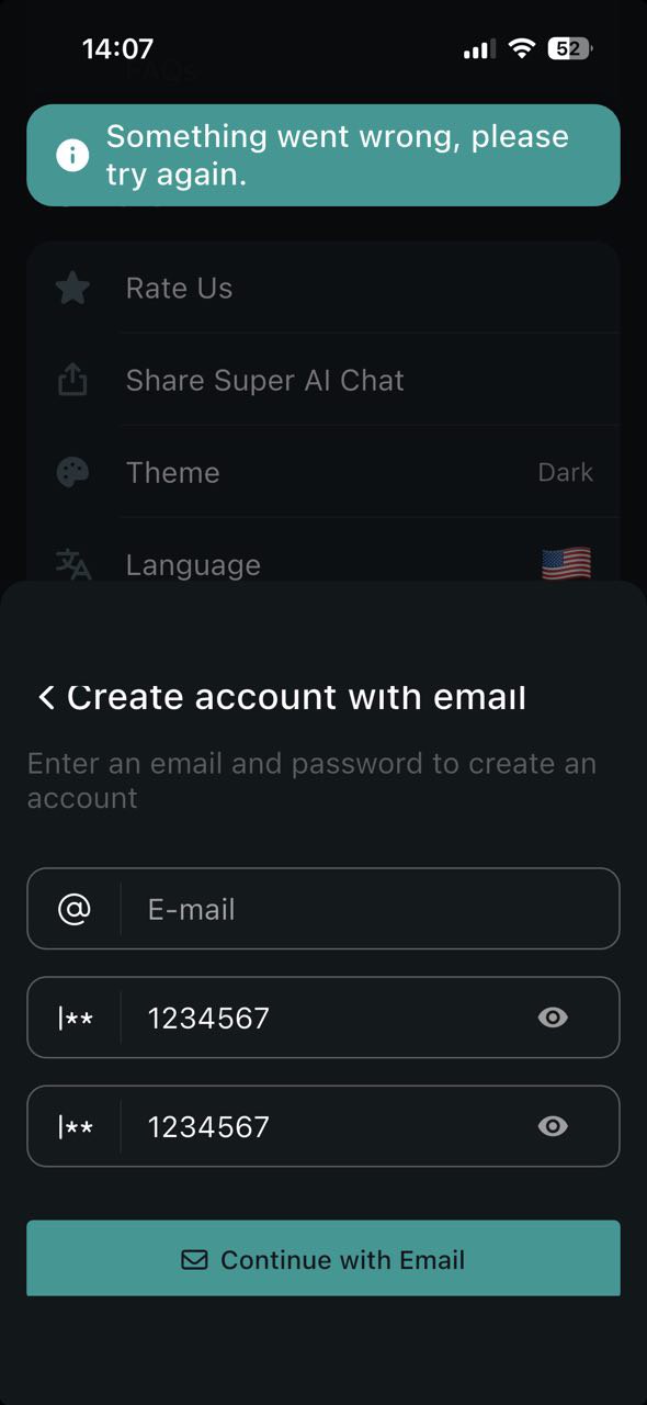 Le message d'erreur « Une erreur est survenue, veuillez réessayer » apparaît après avoir tenté de s'inscrire avec un champ « E-mail » vide