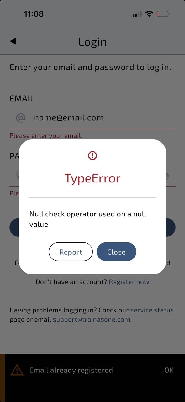 Une fenêtre contextuelle « TypeError » s’affiche après avoir appuyé sur le bouton « Ok » de la bannière « E-mail déjà enregistré »