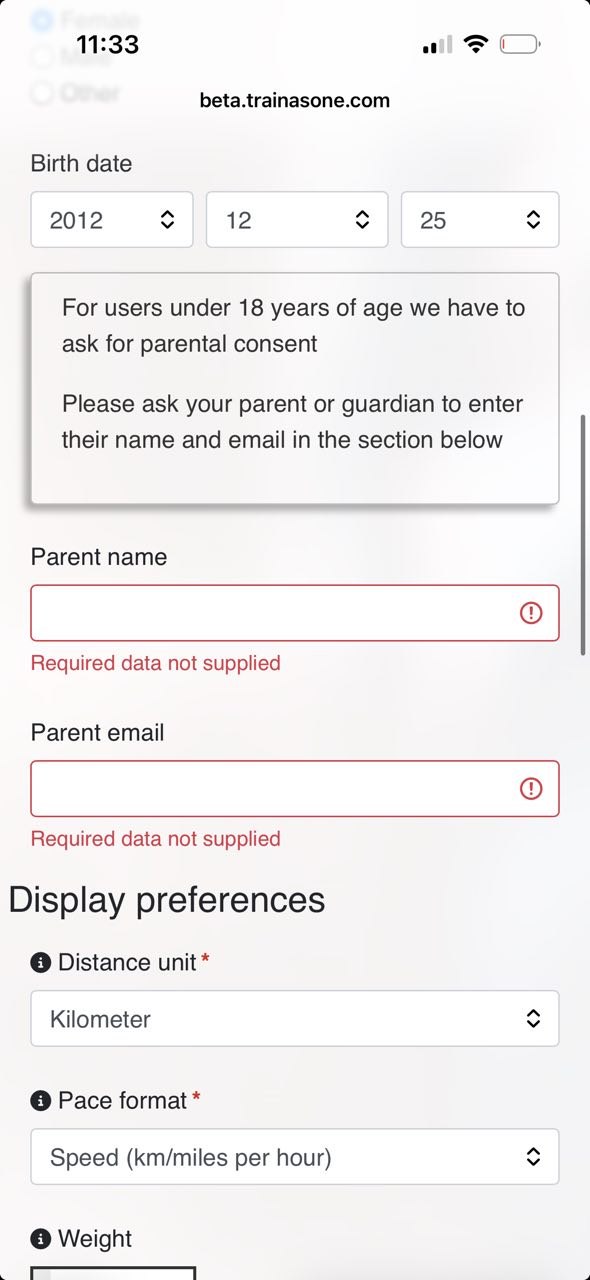 Indicateurs de champ obligatoire manquants pour les champs « Nom du parent » et « E-mail du parent » lorsque l’utilisateur a moins de 18 ans