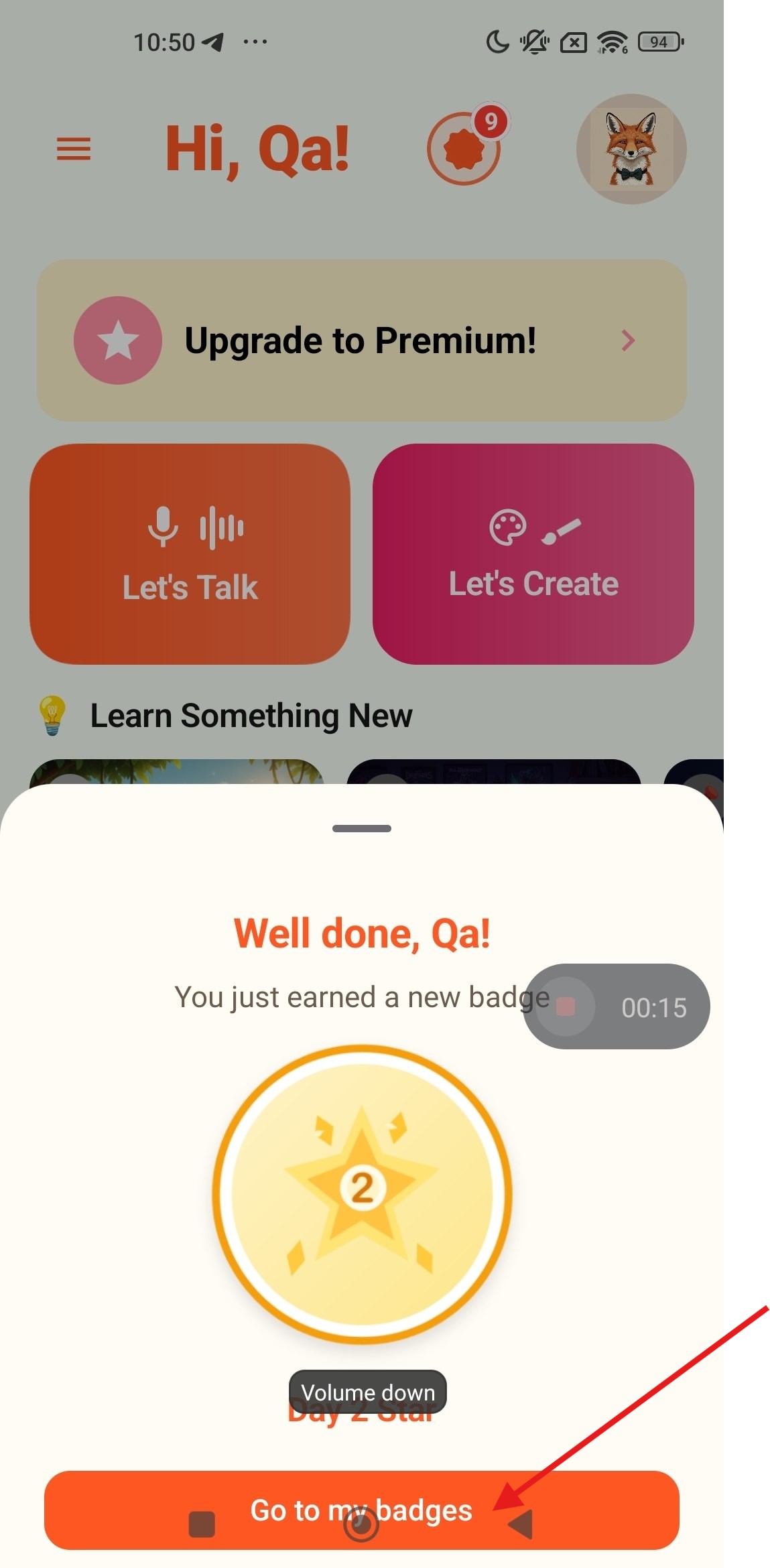 Le bouton « Accéder à mes badges » et le libellé « Étoile du jour 2 » chevauchent la barre de navigation système