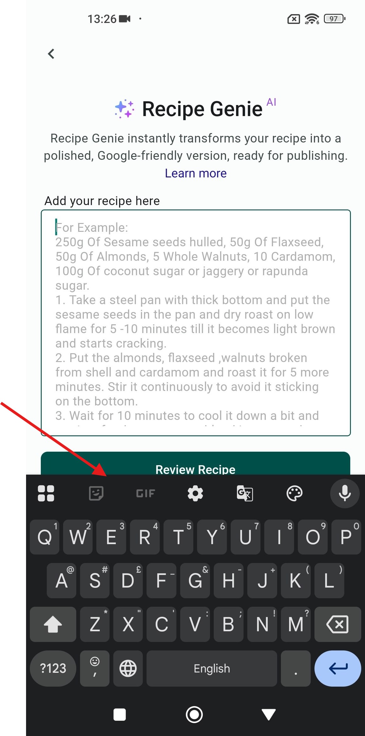 Le clavier virtuel recouvre partiellement le bouton « Vérifier la recette » sur l’écran de Recipe Genie