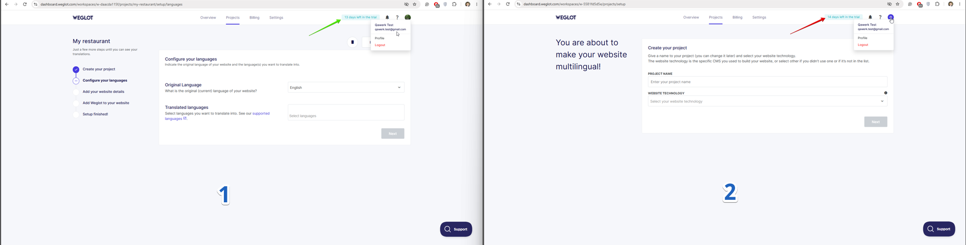 La suppression d’un compte « Weglot » et une réinscription réinitialisent la période d’essai à 14 jours
