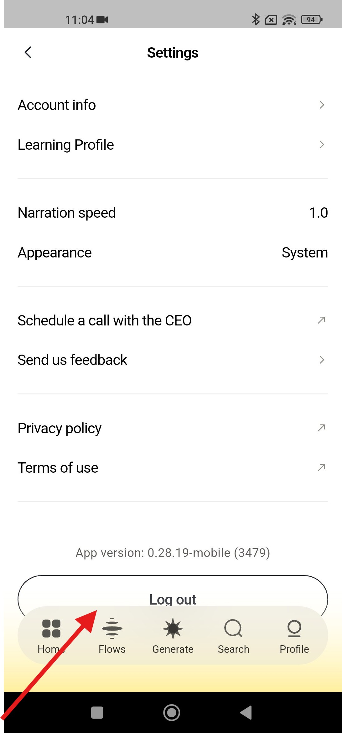 Le menu de navigation inférieur recouvre le bouton « Se déconnecter » sur l'écran des paramètres « Profil »