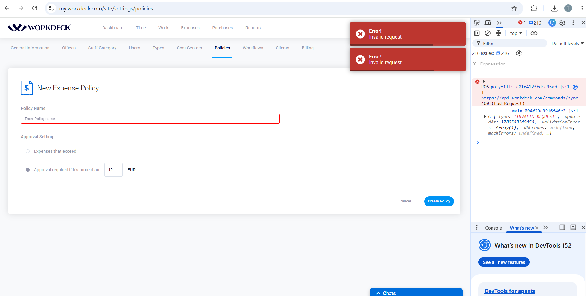 Cliquer sur « Créer une politique » alors que le champ « Nom de la politique » est vide envoie des requêtes API en double et affiche le message d’erreur brut « Requête non valide » au lieu de la validation du champ