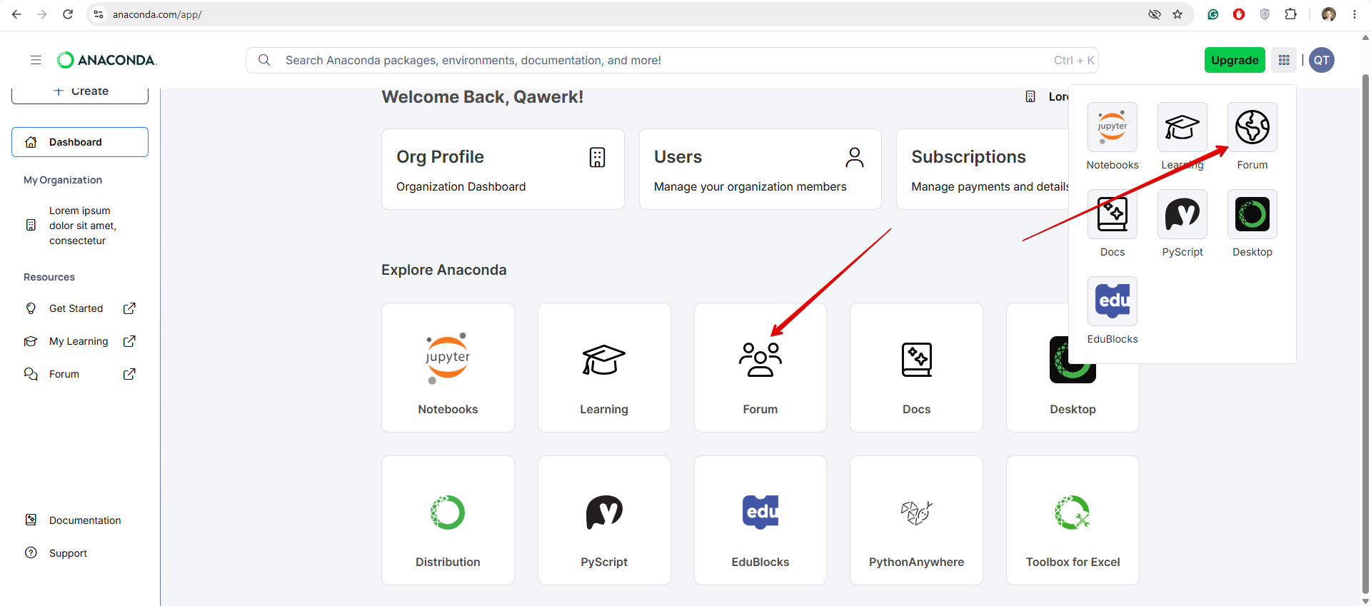 La carte « Forum » affiche une icône incohérente dans la section « Explore Anaconda » et dans la vue en liste après avoir cliqué sur l’icône « Points »