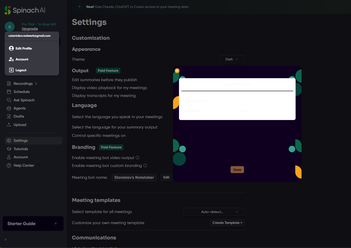 La fenêtre modale d’édition du profil est illisible en mode « Dark Theme »